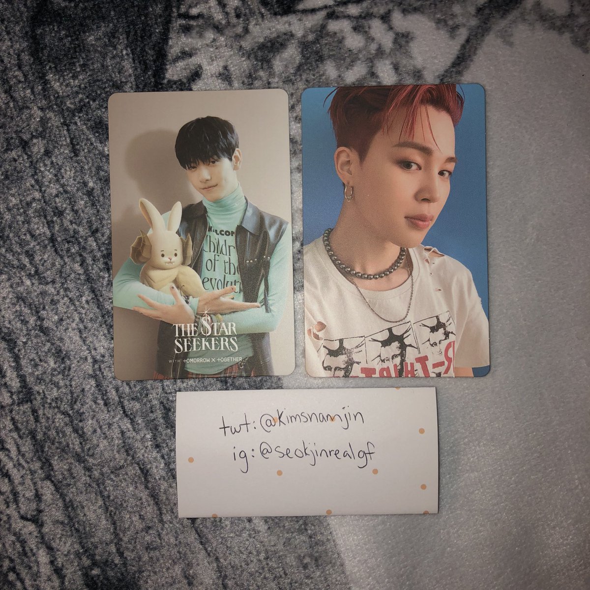 storysofus's tweet photo. hi bffs!
wts these doubles of photocards i have!
have: butter cream jimin // foe starseeker soobin
want: $10 // $5
availability: ✅✅
us only! dm me if interested or want more proofs!
#btswts #wtsbts #btsphotocardsale #wtstxt #txtwts #txtphotocardsale #bts #txt https://t.co/Rom8lPbye2