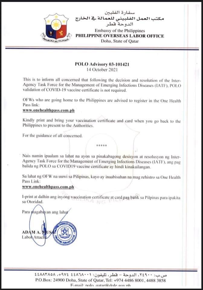#PoloQatarUpdates: Pabalita mula sa tanggapan ng POLO-Qatar, hindi na kailangan ang validation ng POLO-Qatar sa kopya ng vaccination certificate. Pakibuksan ang kopya ng POLO advisory sa ibaba para sa iba pang detalye.