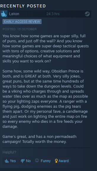 ObsidianPrince's tweet photo. Woke up to this review. It's crazy how happy words can make you! <3 #roguelike #roguelite #punsforlife #IndieGameDev https://t.co/M4tRT8dg1a