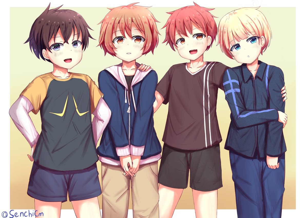 akatsuki (kancolle) ,hibiki (kancolle) ,ikazuchi (kancolle) ,inazuma (kancolle) multiple boys male focus blonde hair shorts blue eyes shirt looking at viewer  illustration images