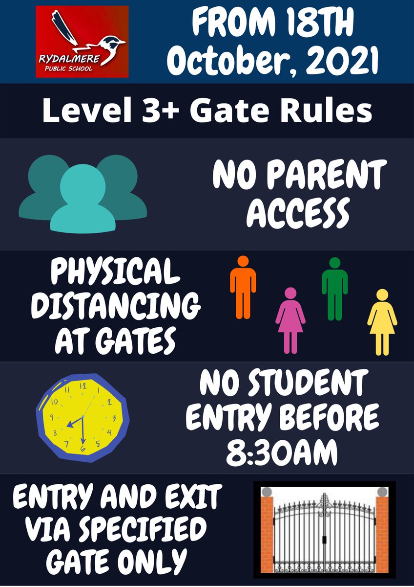 rydalmereps's tweet photo. Here are our gate rules as we commence operations at Level 3+. Please make sure you are up-to-date with this post and our two posts from yesterday. All info will be sent to parent emails too. https://t.co/JLFUGHiQbc