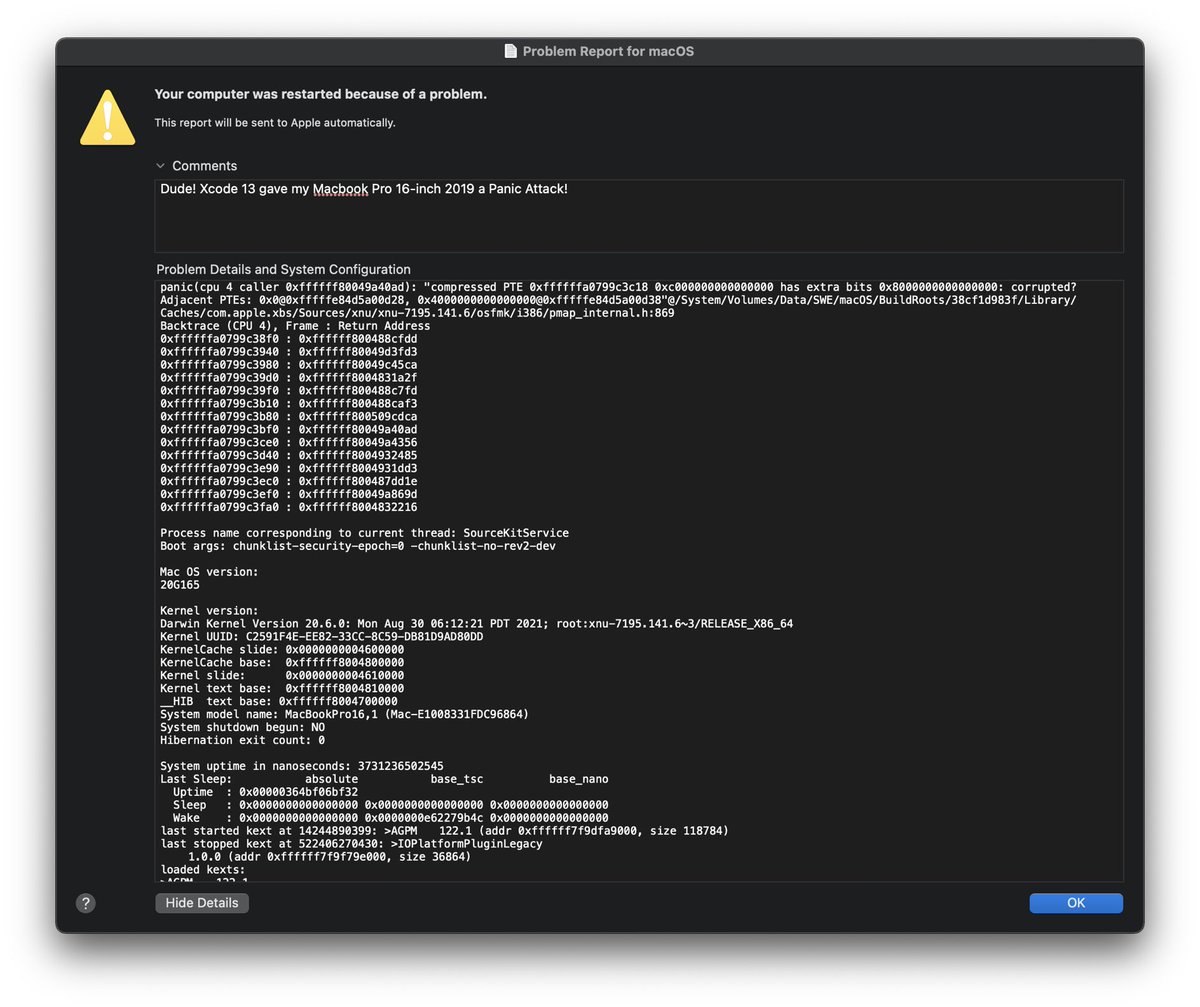 Cyclebrity's tweet image. I think⁩ #Xcode13 gave my Macbook Pro a heart attack 💀