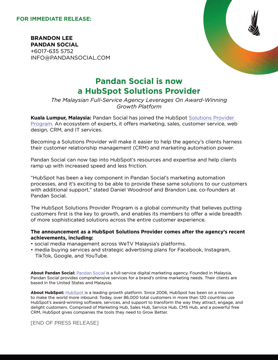 PandanSocial's tweet photo. 🎉 Friday Fri-YAY 🎉 We're happy to announce that Pandan Social is now a @HubSpot Solutions Provider! DM/chat with us at info@pandansocial.com to ask us about our shiny new tool. https://t.co/Ol9AUwumav