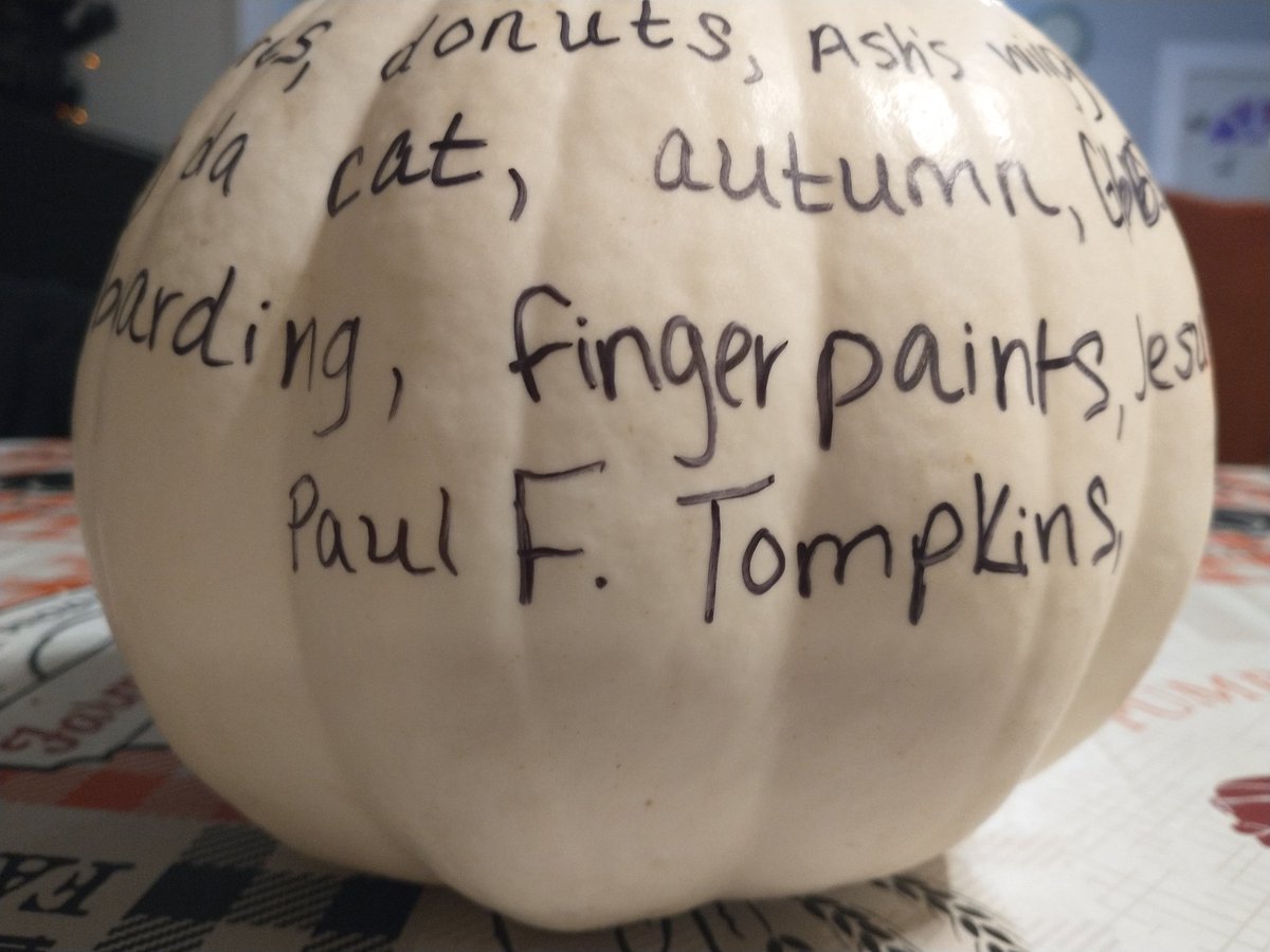 ericbrownsucks's tweet photo. @PFTompkins played my 12 y/o "King Hat" on the drive to school the other day and he requested your name on our gratitude pumpkin.

This is probably a first for you or? https://t.co/QOqz6OjP6M