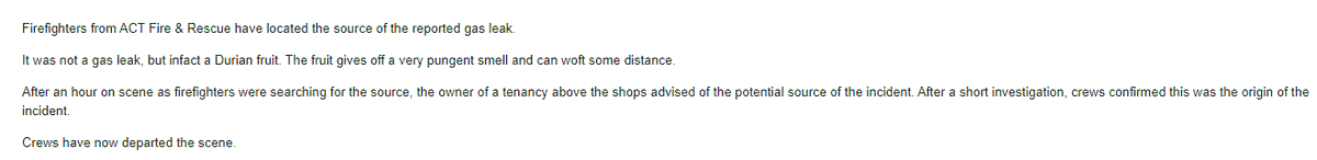 AndrewBrownAU's tweet photo. Shops in Dickson were evacuated over what was thought to be a potential gas leak. Turned out it was a durian https://t.co/FI6vwccTIB