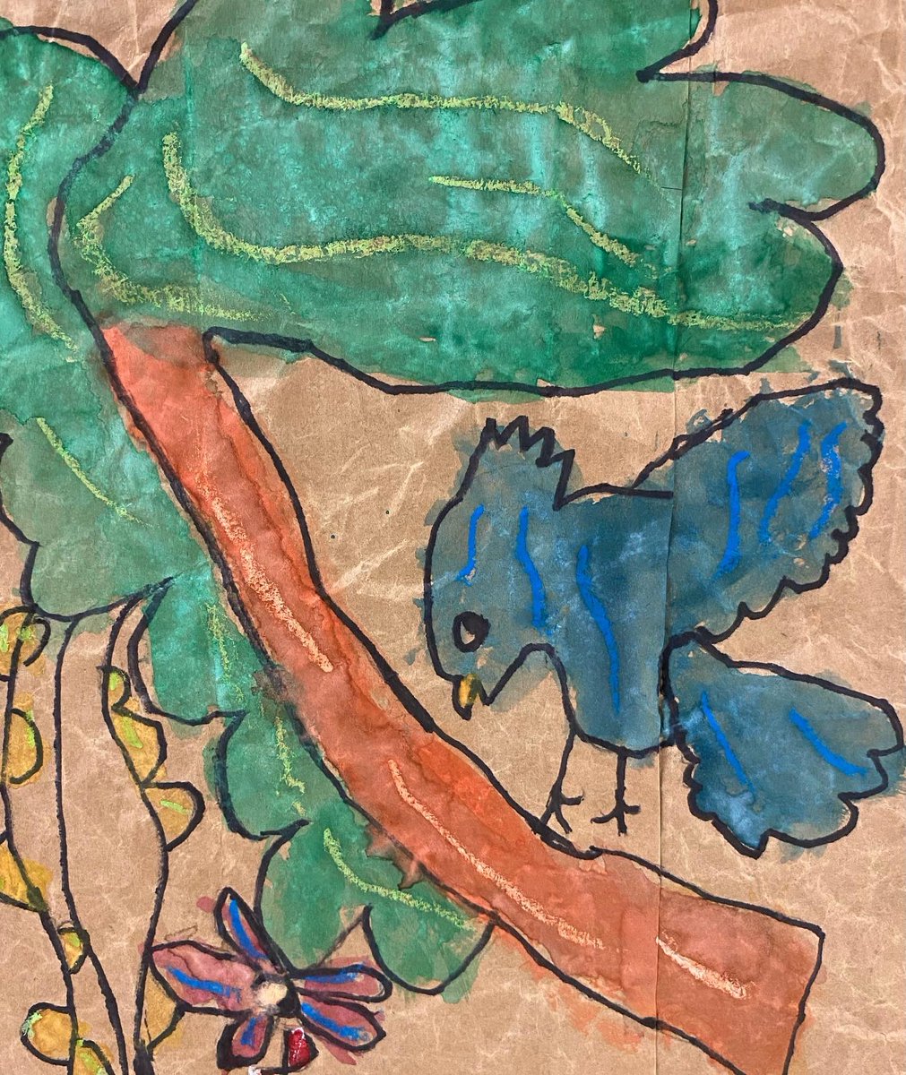 RosemeadeArt's tweet photo. #firstgradeartists made #bird paintings inspired by #amate - the #ancient #mexicantradition of making paper from bark! #paperbag #hispanichertiagemonth #elementaryart @RosemeadeSoars https://t.co/6FMKG7MZxU