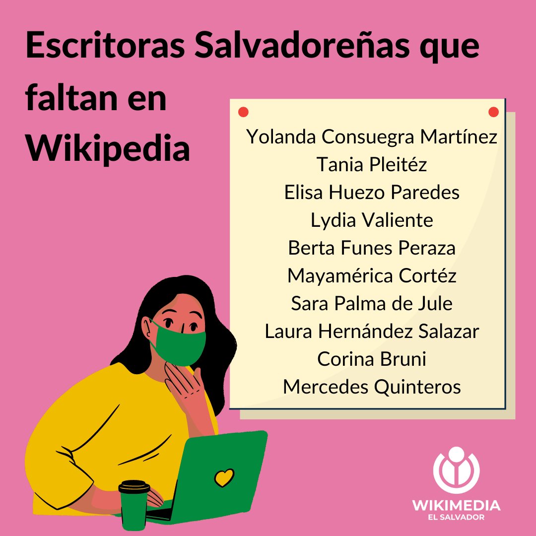 wikimediasv's tweet photo. ¿Quiénes faltan en Wikipedia? 👀
En el marco del mes de la escritora compartimos algunas escritoras salvadoreñas que no tienen su entrada en Wikipedia.💁‍♀️📖
Si editas en Wikipedia o tienes interés en la literatura, te invitamos a contribuir creando entradas de escritoras o poetas. https://t.co/l2DslxuR5A