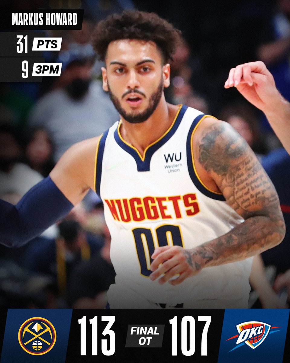 NBA (@nba) on Twitter photo Markus Howard erupts for 9 triples, including 3 in OT to lift the <a href="/nuggets/">Denver Nuggets</a> past OKC. #NBAPreseason
Bol Bol: 12 PTS, 12 REB, 3 BLK Markus Howard erupts for 9 triples, including 3 in OT to lift the <a href="/nuggets/">Denver Nuggets</a> past OKC. #NBAPreseason
Bol Bol: 12 PTS, 12 REB, 3 BLK