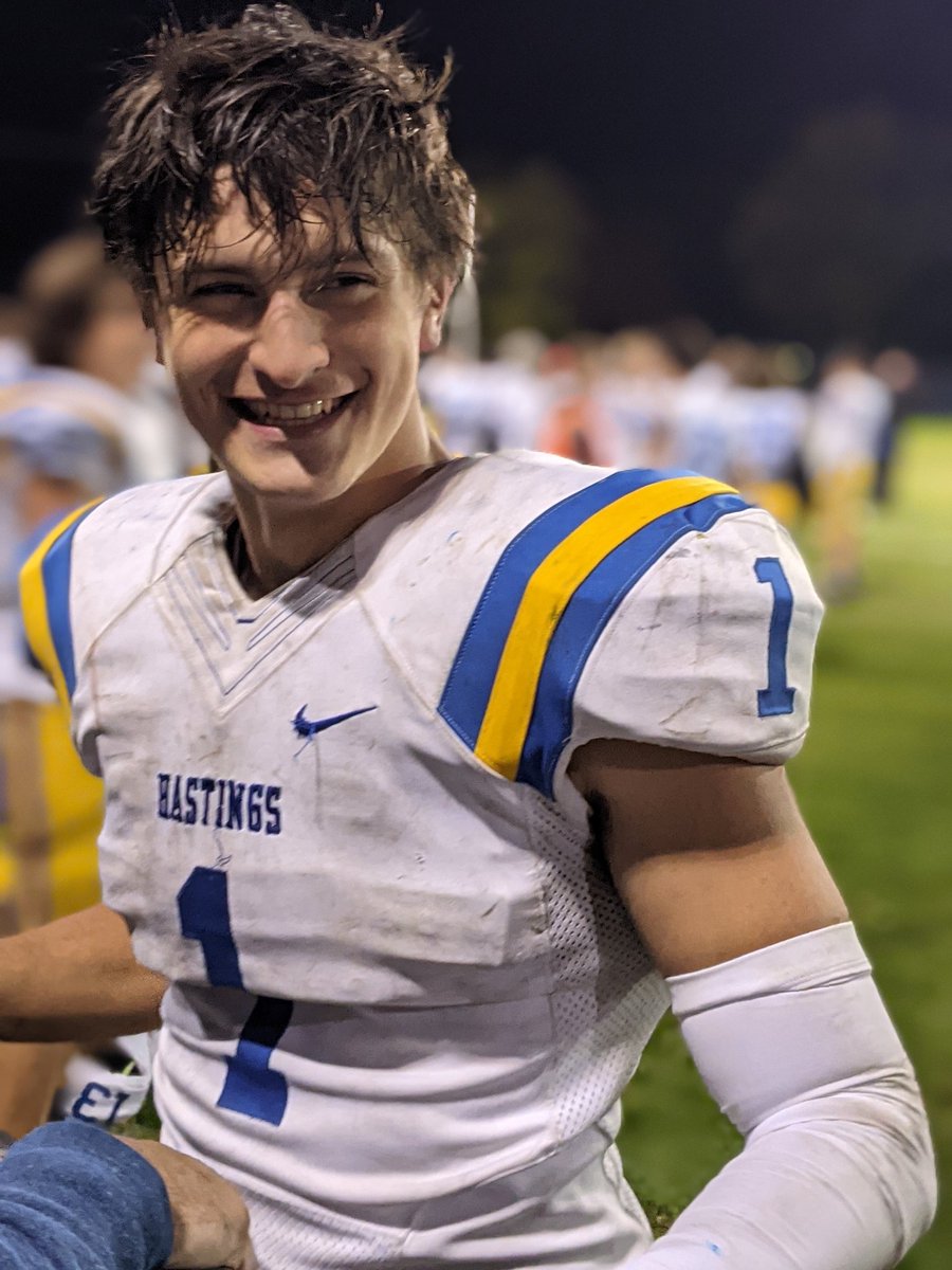 The smile says it all! 💙💛🏈💙💛 Great game #1 #HastingsRaiders <a href="/HHSRaiderProud/">Hastings Raiders</a> <a href="/BrendenF1948/">Brenden Freiermuth</a>