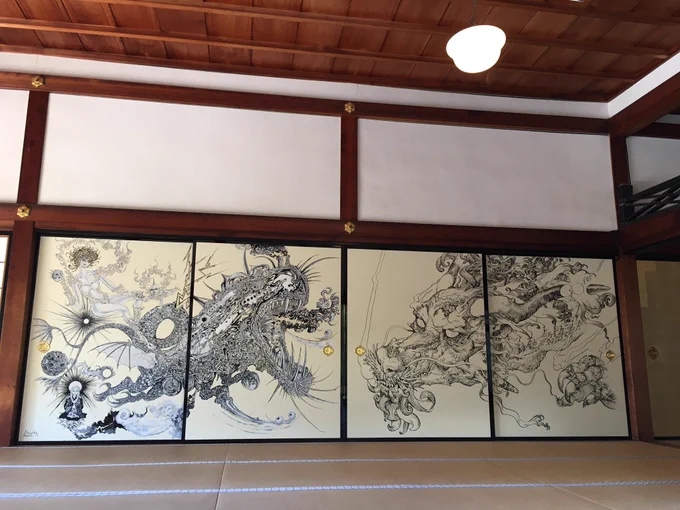 バロン吉元さんと寺田克也さんの絵を京都・高台寺さんで拝観。静かな迫力。 