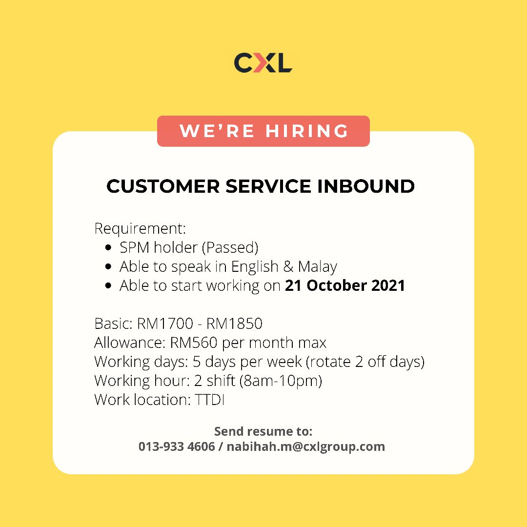 Kerjaya Kini On Twitter Job Vacancies As Customer Service At Ttdi Interested Drop Resume Here Https T Co Mmvtld04ye Or Nabihah M Cxlgroup Com Kerjakosong Jobvacancy Oh Kerjakosong Peluang Kerjamy Kerjakosongla Kerja Kosongmy