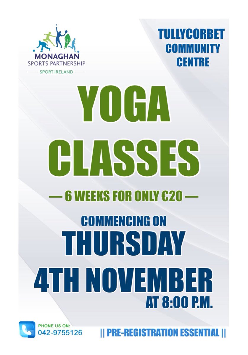 Please call <a href="/monaghan_sports/">Monaghan Sports</a> Partnership Office, Ballybay, on (042) 975 5126 to register. Pre-registration is essential, as class places will be limited.