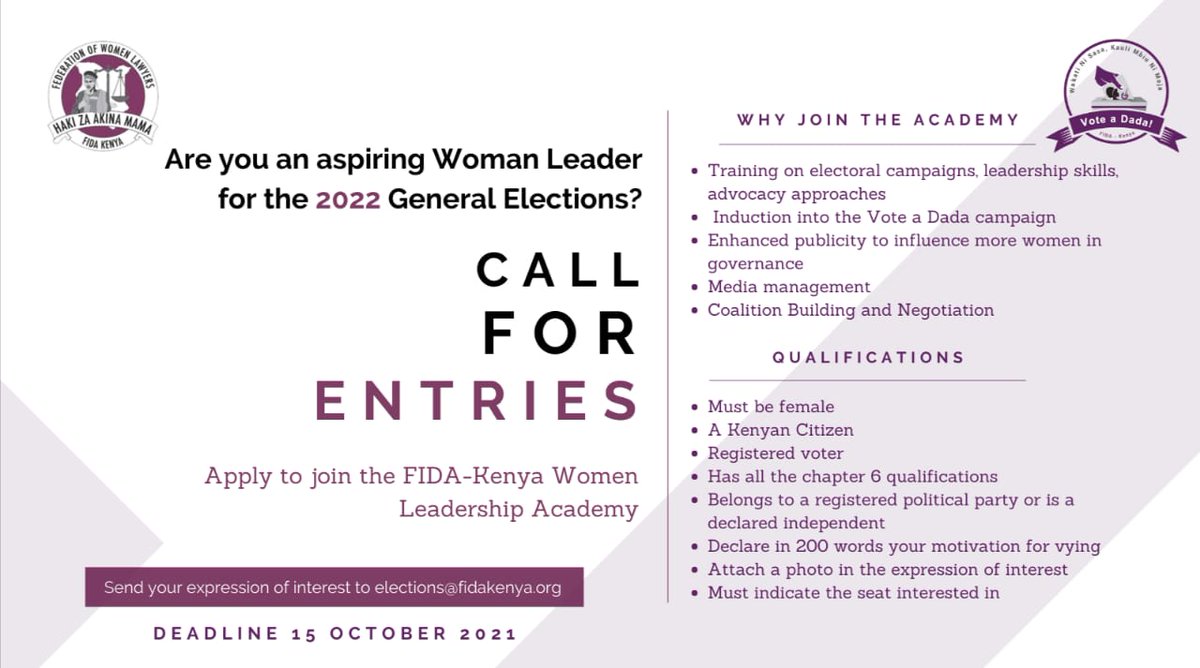 fidakenya's tweet photo. #Deadline is today!
Wakati Ni Sasa, Kauli Mbiu ni Moja, #VoteADada

Are you a woman political aspirant for the 2022 General #Elections?

Apply now to join the #WomenLeadership Academy. #Youths #PLWDs and women from marginalised areas are encouraged to apply!

#GenerationEquality https://t.co/lIc8q1Lb9J