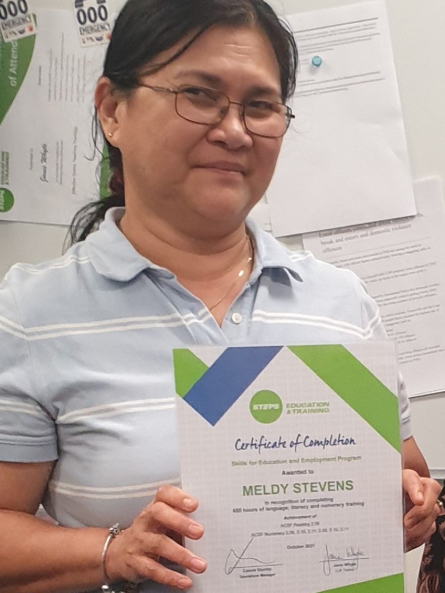 A HUGE congratulations to Meldy Stevens who has completed 650 hours in the Skills for Education &amp; Employment Program. 

The Skills for Education and Employment (SEE) program is funded by the Australian Government Department of Education, Skills and Employment.