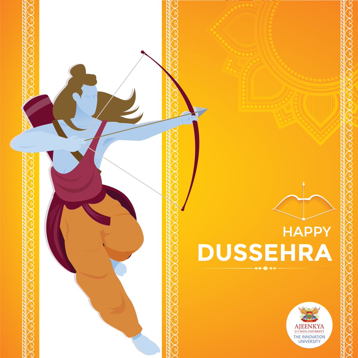 adypuniversity's tweet photo. Today is that auspicious day when we celebrate the victory of good over evil. May this Dussehra bring you success, happiness and the courage to follow the path of truth and peace #HappyDussehra.

 #ADYPU #Dussehra #AjeenkyaDYPatilUniversity #University #navratri #Festival https://t.co/tgQ0T961Cc