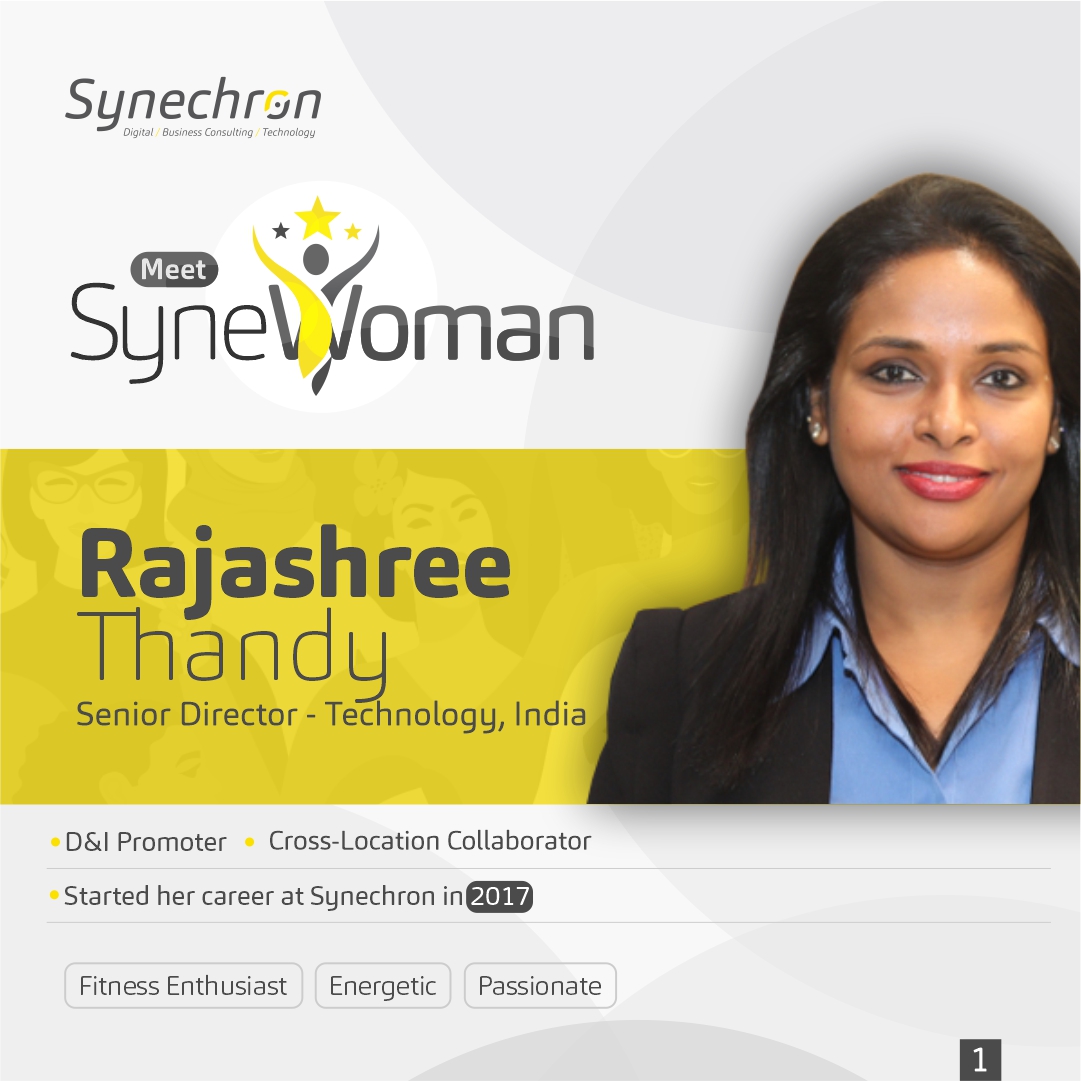 Synechron's tweet photo. Have you met our #SyneWoman, Rajashree Thandy, our Sr. Director – Technology? She presides over our Development Center for #Synechron Chennai. She excels at leading & motivating individuals and is a fitness enthusiast. Get to know more about her, right here: https://t.co/DMyvyBEDpg