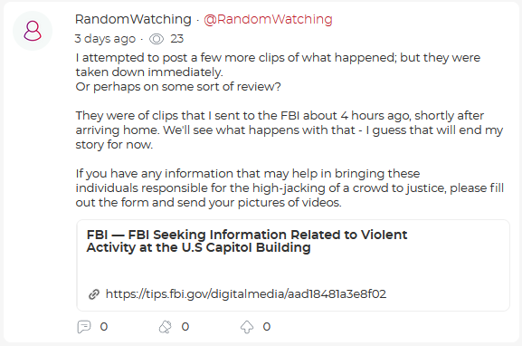 creek_twit's tweet photo. Some new video content from Brian McCreary (#RandomWatching).  He is an interesting case: he tried to post these videos on Parler but was blocked there.  Probably a combination of him marking videos "sensitive" and posting encouraging others take their evidence to the FBI. https://t.co/7KS4IhjB11