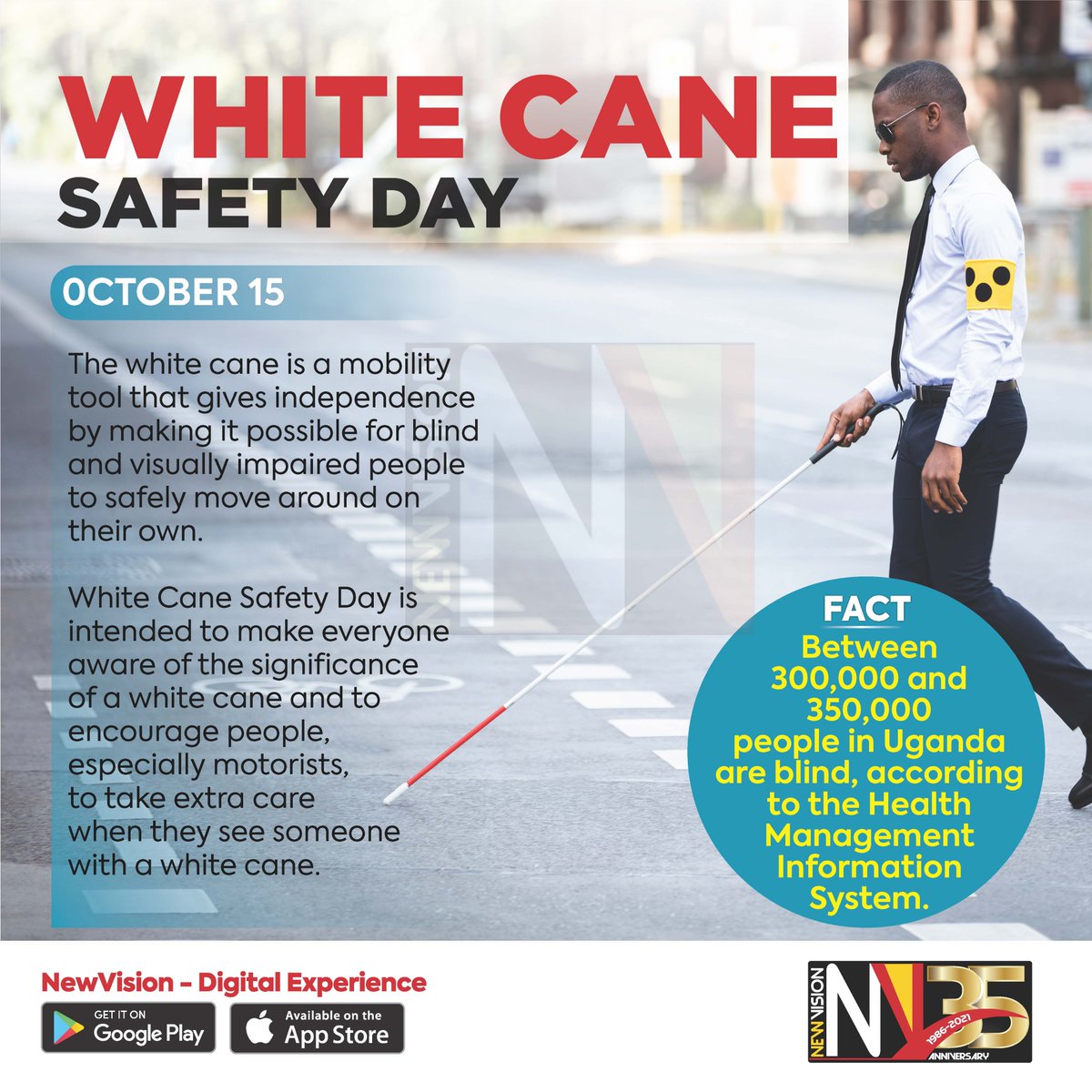 Today is White Cane Safety Day

White Cane Safety Day is intended to make everyone aware of the significance of a white cane and to encourage people especially motorists, to take extra care when they see someone with a white cane.

#VisionUpdates | #NewVisionAt35