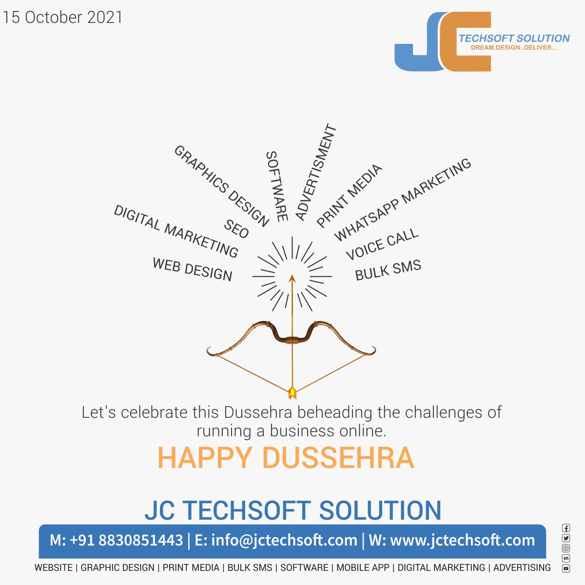jctechsoft's tweet photo. Let's celebrate this Dussehra beheading the challenges of running a business online.
Happy Dussehra!
#happyDussehra #vijayadashami #webdesign #advertising #branding #seo #bulksms #voicecall #Socialmedia #Digitalmarketing #printmedia #chalisgaon #jctechsoft #jctechsoftsolution https://t.co/r20sGhH8Ob