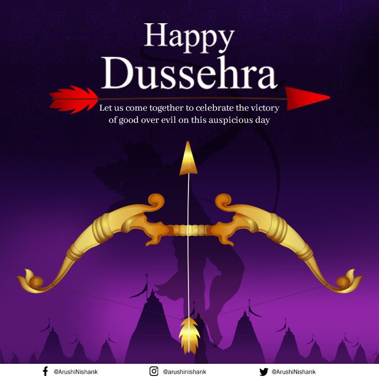 ArushiNishank's tweet photo. Dussehra is a time to celebrate Victory of good over bad and let's continue the same spirit of choosing good over bad.
Happy Dussehra.
#happydussehra #happydussehra2021 #dussehra #dussehra2021 #goodoverbad #goodoverevil #navratrispecial #indianfestival #festival #celebration https://t.co/yafc9eFMza