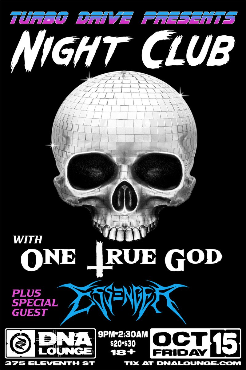 We are excited to announce the addition of <a href="/EssengerMusic/">Essenger</a> to Friday night's show!  He will be joining <a href="/nightclubband/">NIGHT CLUB</a> and <a href="/OneTrueGod666/">One True God</a> in the big room.  Come enjoy the massive new subwoofers on the upgraded sound system at <a href="/dnalounge/">DNA Lounge</a> - Friday, October 15