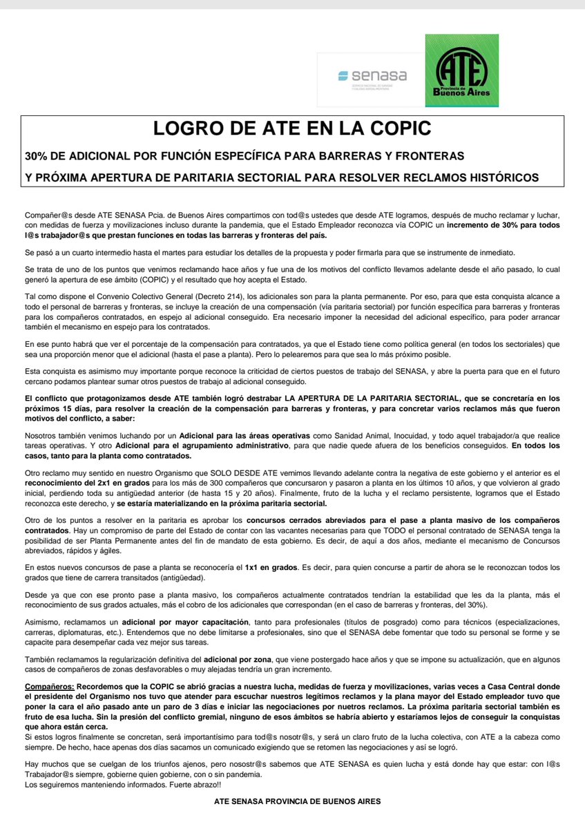 Logro de ATE!!! Mejoras salariales para los trabajador@s de SENASA
Próxima apertura de nuestro sectorial!