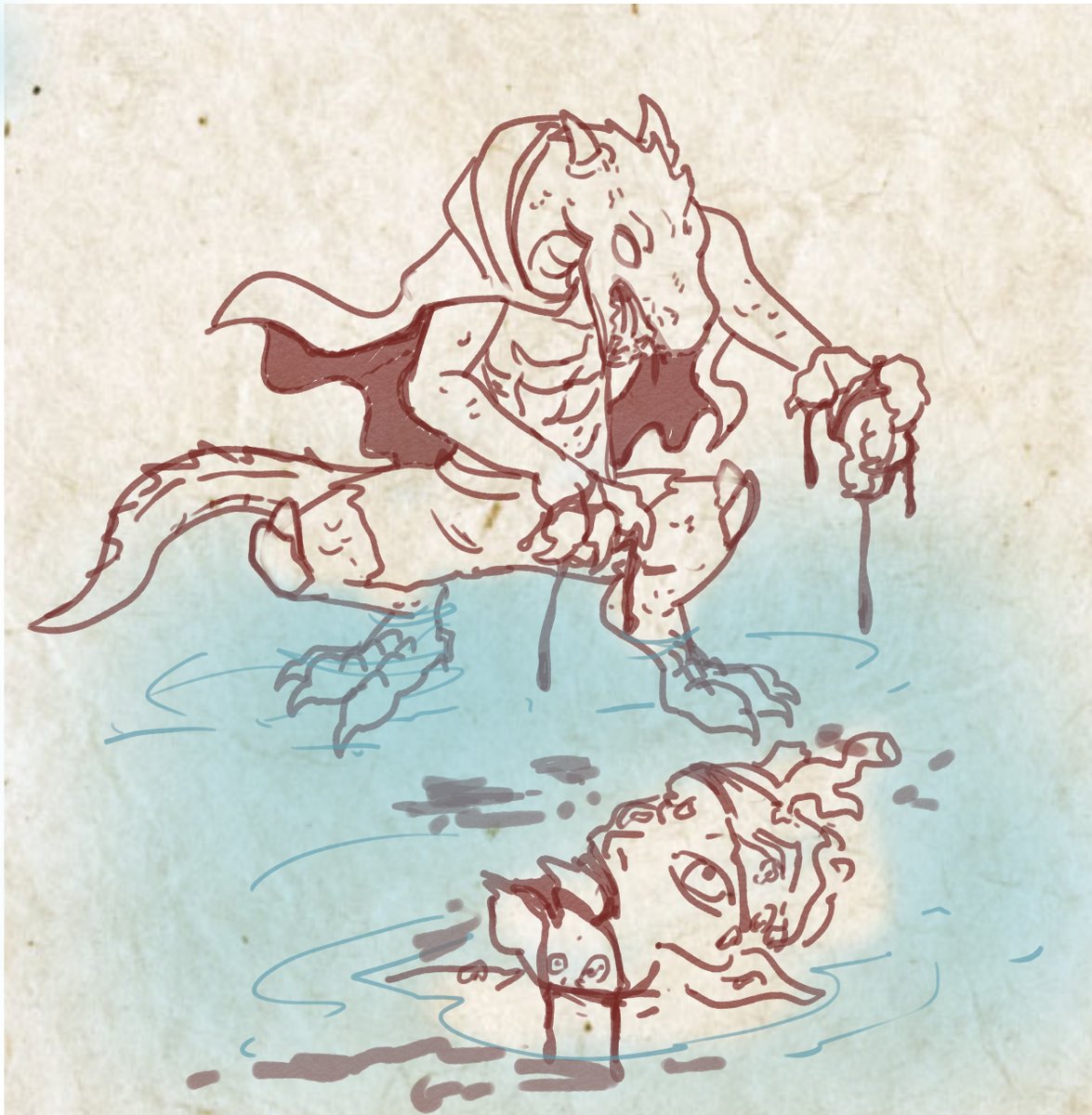 FrohoGoldenDome's tweet photo. Trackless Treasures session 6, Stoobys loses control during our fight with the kraken society cultists, and continues tearing at them even after they have fallen. #dnd #dungeonsanddragons #ttrpg #stooby #blood #bloody #blinkdogfever #kobold #lossofcontrol #possessed #rage https://t.co/8WLMUrNf1n