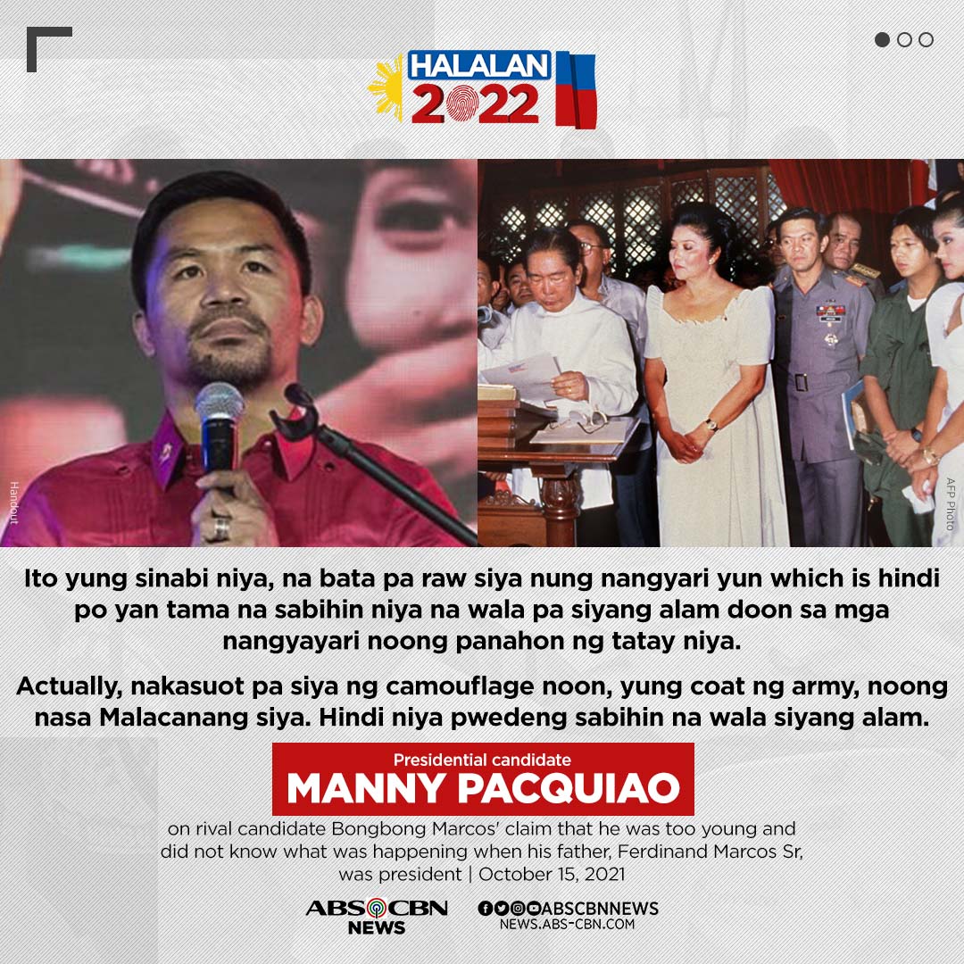 ABSCBNNews's tweet photo. Presidential candidate Sen. Manny Pacquiao chastised fellow presidential bet Ferdinand "Bongbong" Marcos Jr, son of the late dictator Ferdinand Marcos, for saying that he was too young to know what was going on during his father's rule. 

READ: https://t.co/RvuXh2pNA5 https://t.co/kXnMbo1Qcg