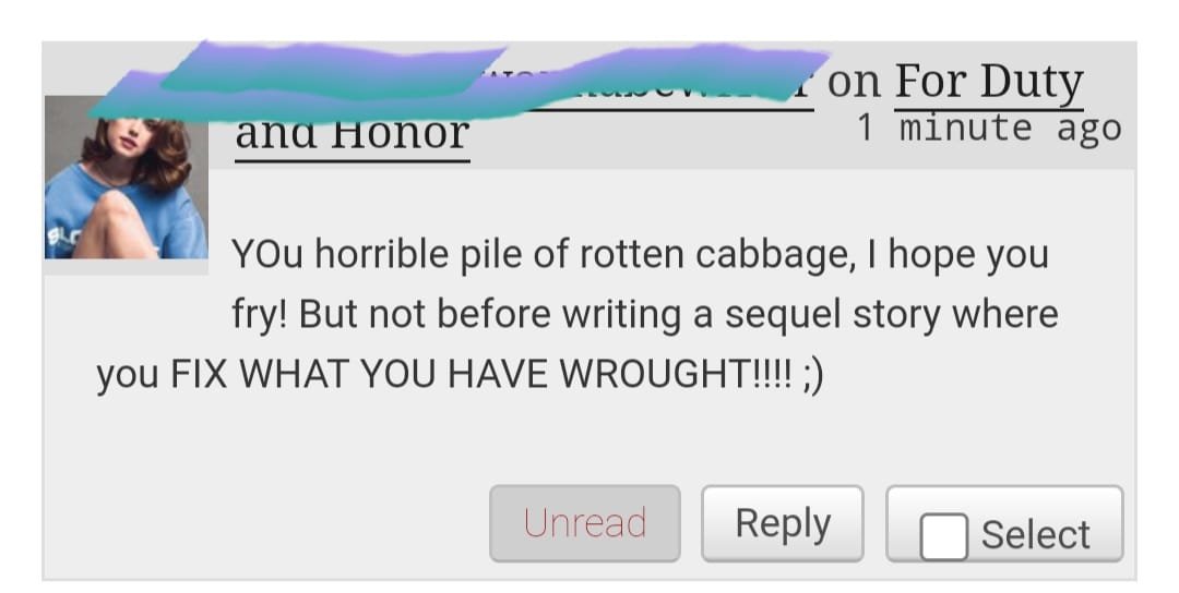 Jessie_Cristo's tweet photo. screencap via a writers group on facebook:
Wow! I wish someone would call me a "horrible pile of rotten cabbage". That's like high praise right there! #fanficlife #writerslife ๐
https://t.co/1rpEgyWlbL