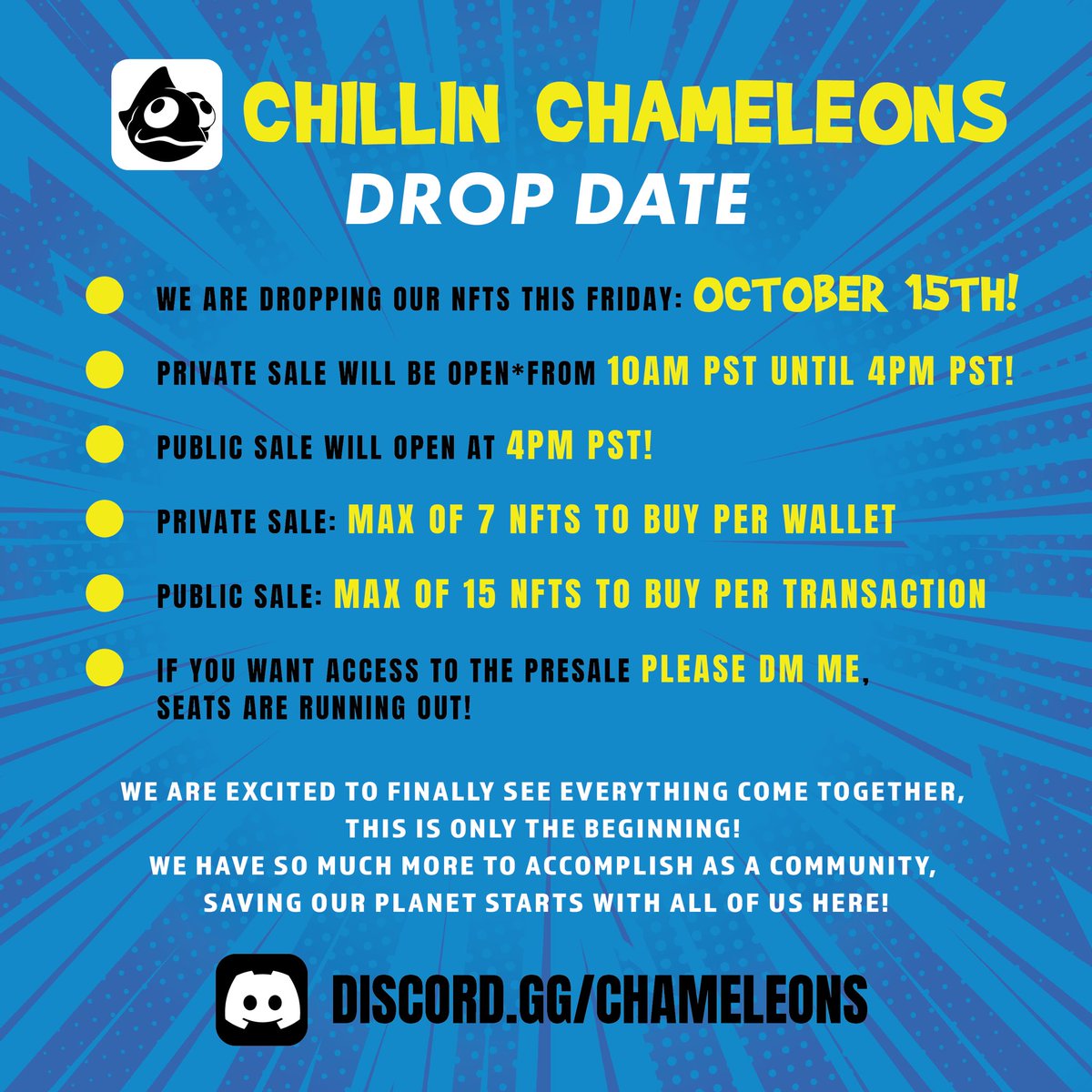 It’s going down tomorrow! 🦎 

Join discord so you don’t miss out on saving our planet and HISTORY! 🌊 

Discord: discord.gg/chameleons 👀 

#chillinchameleonsNFT #chillinchameleons