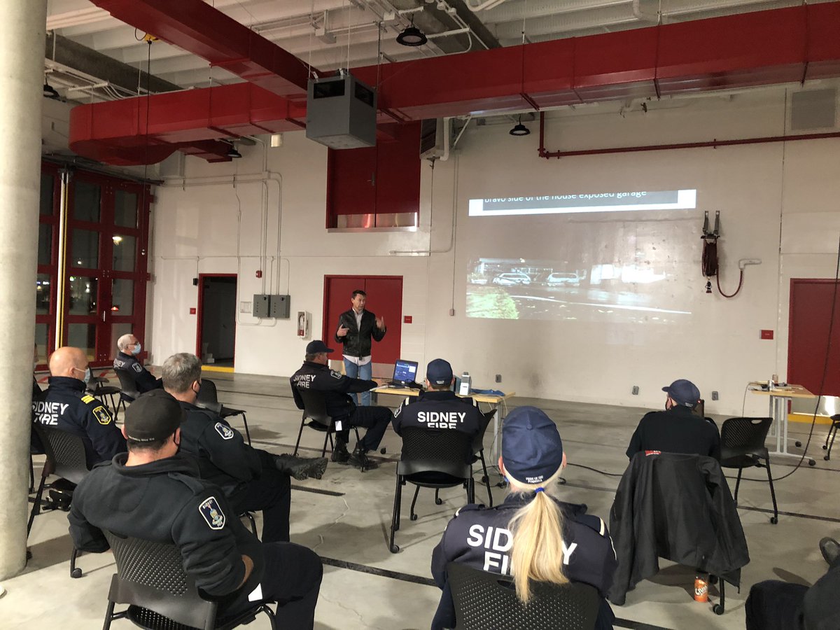 SidneyFireDept's tweet photo. Tonight @SidneyVFire fire crews participated in person and on @Zoom to debrief a recent house fire we attended on Aboyne Ave in North Saanich. #inittogether #trainforthenextone @BlueCardHZ #autoaid #incidentcommand #firstfiveminutes https://t.co/uL6uUTCylC