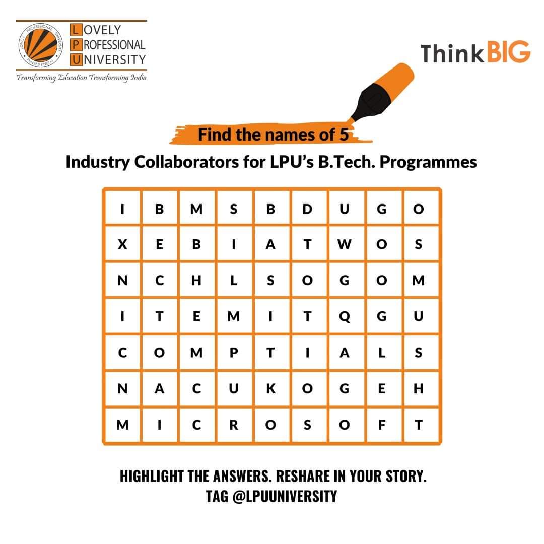lpuuniversity's tweet image. #EngineeringAtLPU is ahead of its time! LPU works with the industry closely &amp;amp; offers almost all programs to young minds in collaboration with the industry!
Solve this puzzle by finding the names of 5 industry collaborators for LPU&apos;s B.Tech. programmes!
#ThinkBIG