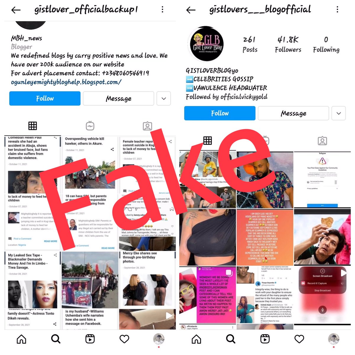 Gistloversblog1's tweet photo. For instance, all these pages are fake. Not one single Gistlover page is ours on Instagram. We’ve been yanked off the platform. Kindly disregard anything from these imposters. Remember as you search for us, report everything single Gistlover page you see on IG. ❤️ https://t.co/zbMBJxhSzN