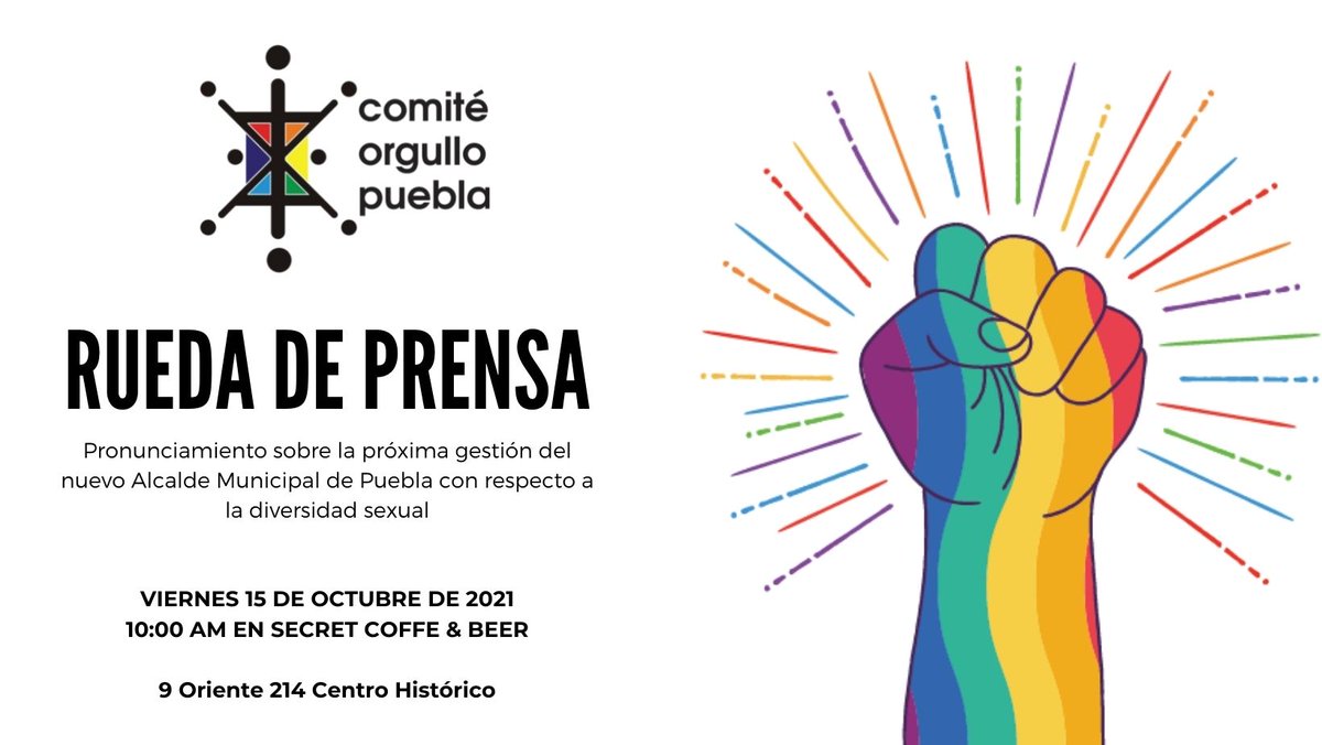 OrgulloPuebla's tweet photo. RUEDA DE PRENSA. Sesión simultanea a las 10 AM en Secret Coffe &amp; Beer. 9 Oriente 214 Centro Histórico y por Zoom en 
https://t.co/0SkJ0cCSj4
ID de reunión: 838 9957 4464
Código de acceso: 539768 
@retodiariomx @elsoldepuebla1 @ladobemx @melyarel @CronicaPuebla_ @belen__cg https://t.co/K0VNRprIau