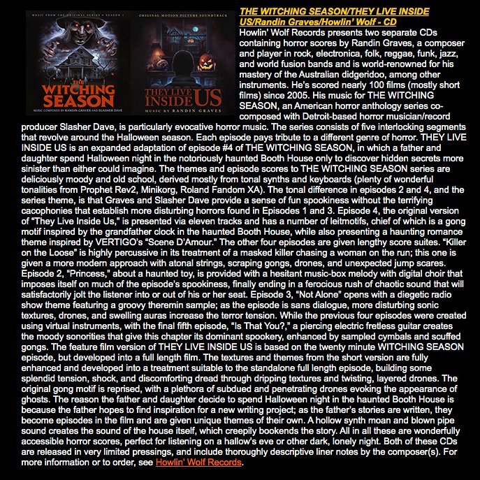 A great review from @randalldlarson for THE WITCHING SEASON by Randin Graves and Slasher Dave and THEY LIVE INSIDE US by Randin Graves! Thank you for listening Randall! buysoundtrax.com/larsons_soundt…