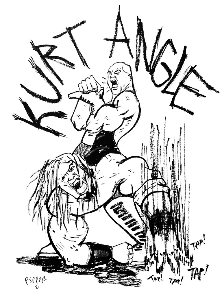 thaterickrivera's tweet photo. Day 14 - Kurt Angle vs Edge #wrestletober #inktober #penandink #pentelbrushpen #kurtangle #wwe #itstrue #yousuck #wrestletoberII #americanhero #olympian #edge #anklelock #angleslam https://t.co/Mgta8Oiz1I