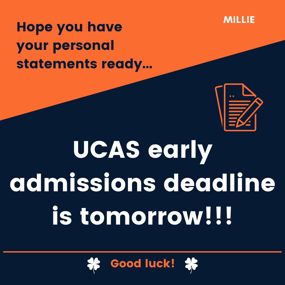 milliegroup's tweet image. Have you submitted your UCAS Early admissions application yet? 

If so, good luck to you! Don’t overstress about this - you’ve done everything needed! 

#UCASearlyadmissions #UCAS #UCASadmissions #universityapplication #uniapp #highschoolstudent #studentadvice