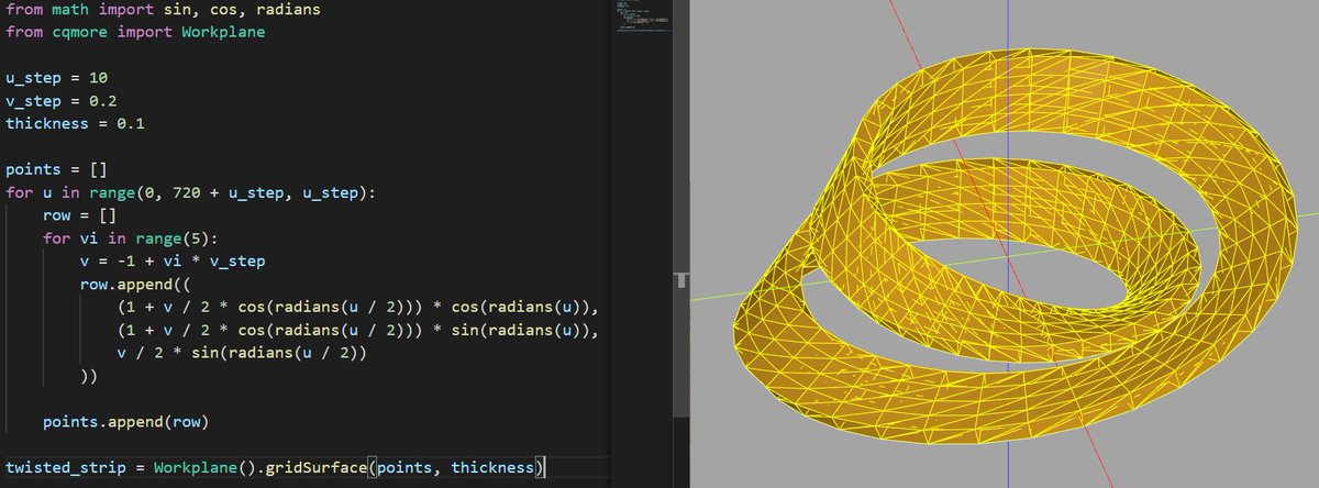 caterpillar's tweet image. twisted strip

#python
#CadQuery
#cqMore