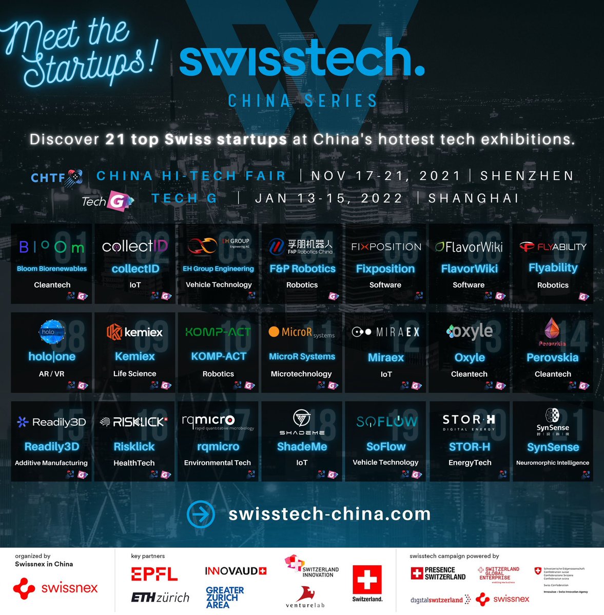 startupEPFL's tweet image. From the 21 Swiss startups that will be joining the SwissTech Pavilions at China Hi-Tech Fair Nov.17-21, and Tech G Shanghai International Consumer Electronics Show Jan.13 - 15, 7 are from EPFL!
#Miraex,@Readily3D
#ShadeMe,@fly_ability,#KOMP-ACT,@MicroR_Systems,
@Bloom_Biorenew