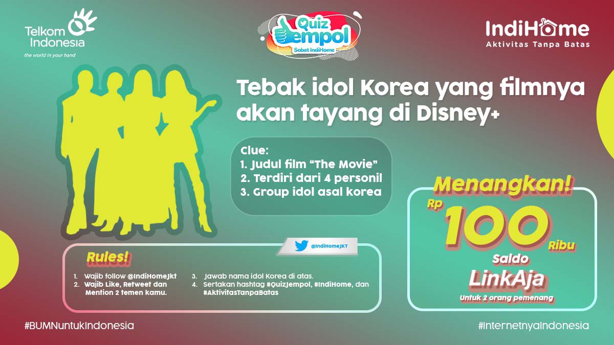 Sore sob!
Yuk kita main #QuizJempol bersama <a href="/IndiHome/">IndiHome</a>!

Tebak group idol korea manakah yang filmnya akan tayang di Disney+ Hotstar?

Sertakan foto ya biar makin seru, 2 orang yang beruntung akan mendapatkan saldo LinkAja 🥳

#Giveaway 
#IndiHomeJabotabek
#AktivitasTanpaBatas