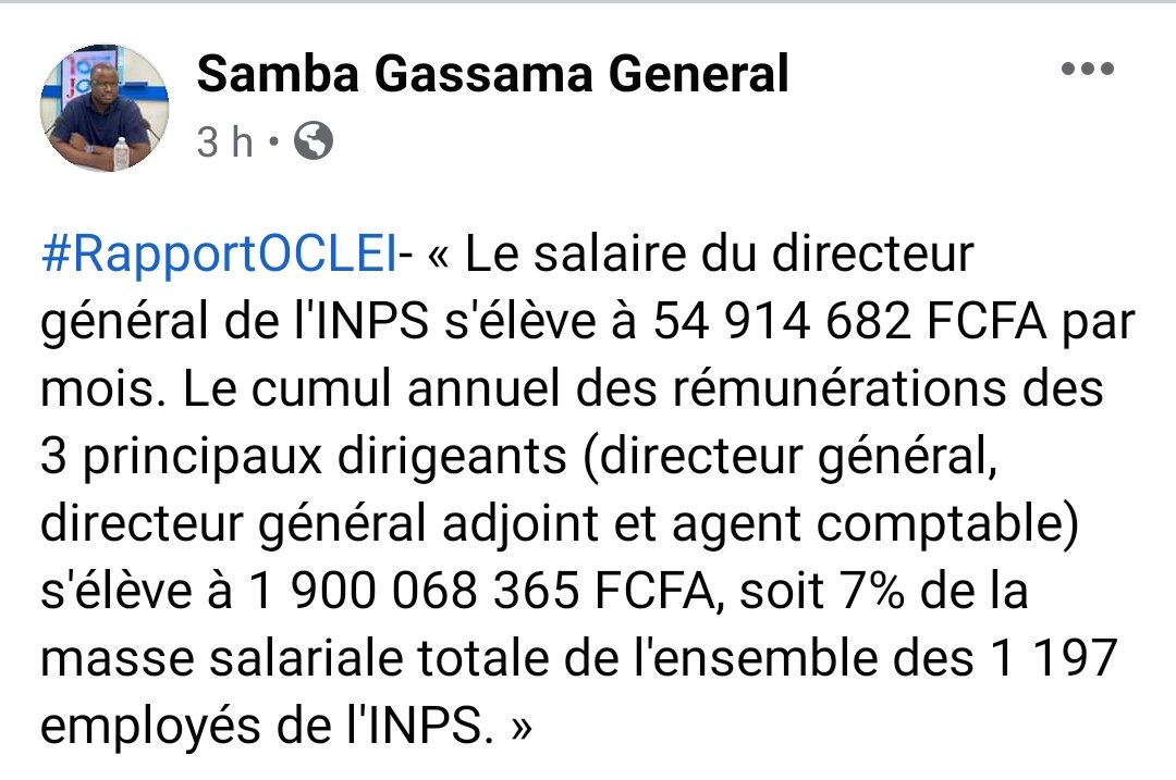 edithbrou's tweet photo. Au Mali, le salaire du DG de l'INPS (Institut National de Prévoyance Sociale} s'élève à 54 914 682 FCFA par mois. Tandis que le comptable s'est assuré 1600 millions de Fcfa comme indemintés de depart à la retraite. Infos révélées par le #RapportOCLEI https://t.co/PDuPDoDPSs