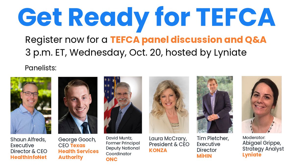 Get ready for the launch of #TEFCA by joining our panel Q&A at 3 p.m. ET, Wed., Oct. 20. Panelists include leaders from @hinfonet, @THSA_HealthIT, @KonzaHealth, @MiHIN & @StarBridgeHIT. Register here. 
hubs.ly/H0Zrh1z0
#healthIT #hcit #HITsm #curesact #curesruleONC