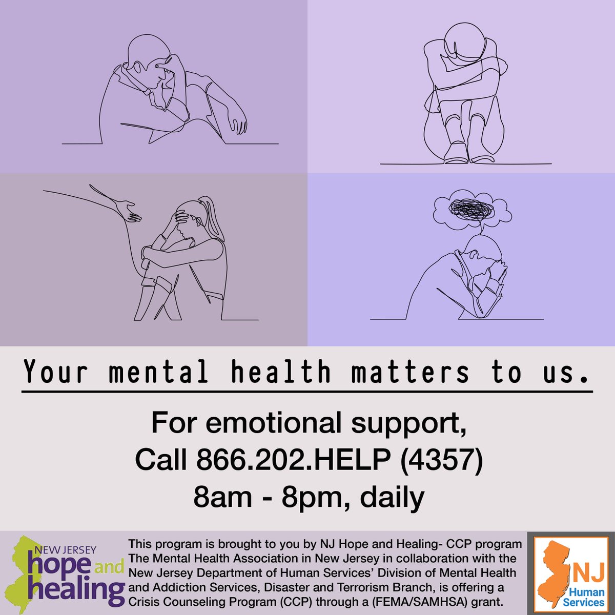 If you or anyone you know is struggling, we're here for you 7 days a week. #mentalhealthmatters #bustthestigma #njhopeandhealing #covidsupport
