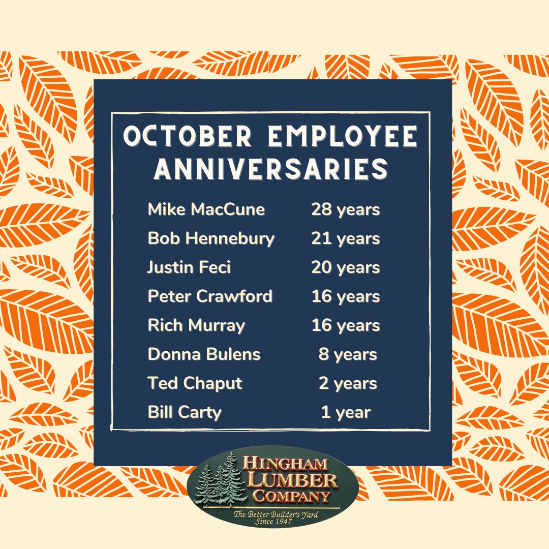 HinghamLumber's tweet photo. Celebrating these employees in October! #ouremployeesarethebest #TeamHLC https://t.co/W2jqBgSUEe