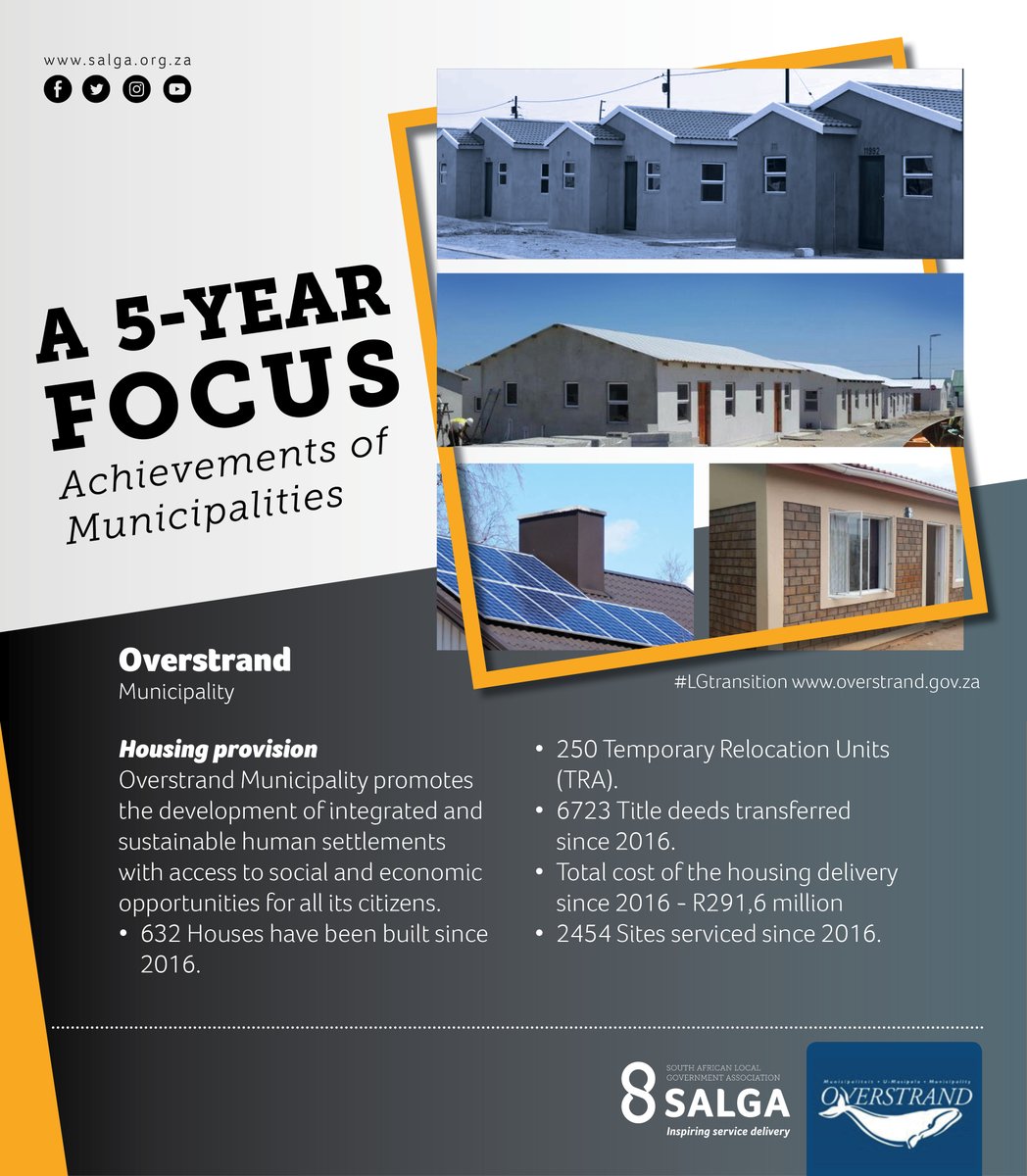 SALGA_Gov's tweet photo. A 5 year focus: Municipal Achievements and Milestones #lgtransition
A focus on Overstrand Municipality as the municipality highlights its service delivery milestones and achievements of 2016 - 2021.
#lgtransition
#20yearsofdemocraticlg
#InspiringServiceDelivery https://t.co/y9ulnr9sBi