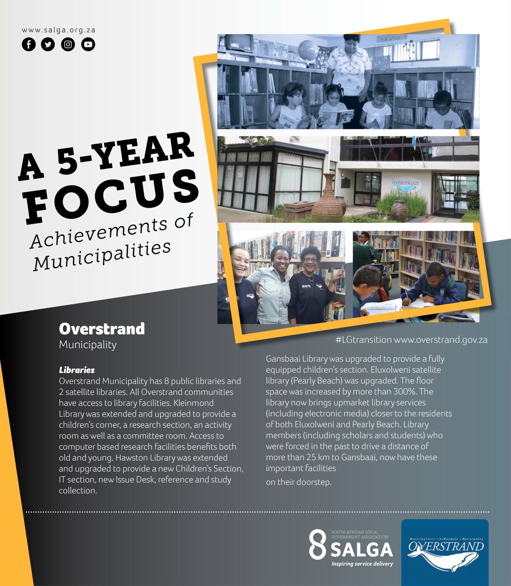 SALGA_Gov's tweet photo. A 5 year focus: Municipal Achievements and Milestones #lgtransition
A focus on Overstrand Municipality as the municipality highlights its service delivery milestones and achievements of 2016 - 2021.
#lgtransition
#20yearsofdemocraticlg
#InspiringServiceDelivery https://t.co/y9ulnr9sBi