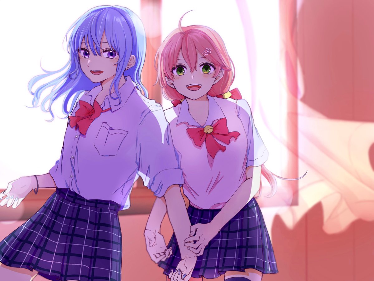 hoshimachi suisei ,sakura miko multiple girls 2girls green eyes blue hair ahoge pink hair holding hands  illustration images