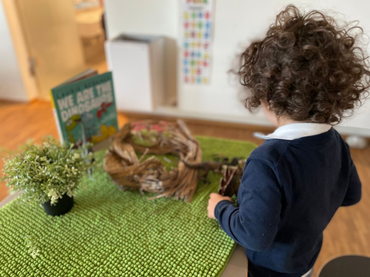 CisPreK's tweet photo. In Pre-k A @CISDK our favourite song is "We are the dinosaurs" @LaurieBerkner. This week we had her song on our literacy table. This led to a lot of dinosaur play, which led to questions about what dinosaurs ate, and the introduction of new vocabulary #literacythroughplay https://t.co/lYF6TyTdDr
