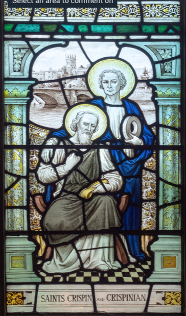 Tomorrow (October 25) Crispin and Crispinian are commemorated. They were martyred in Rome in about the year 287. Crispin as the patron saint of cobblers holds a shoe. Crispinian holds a millstone, the instrument of their martyrdom. A detail in the Cathedral cloister windows.