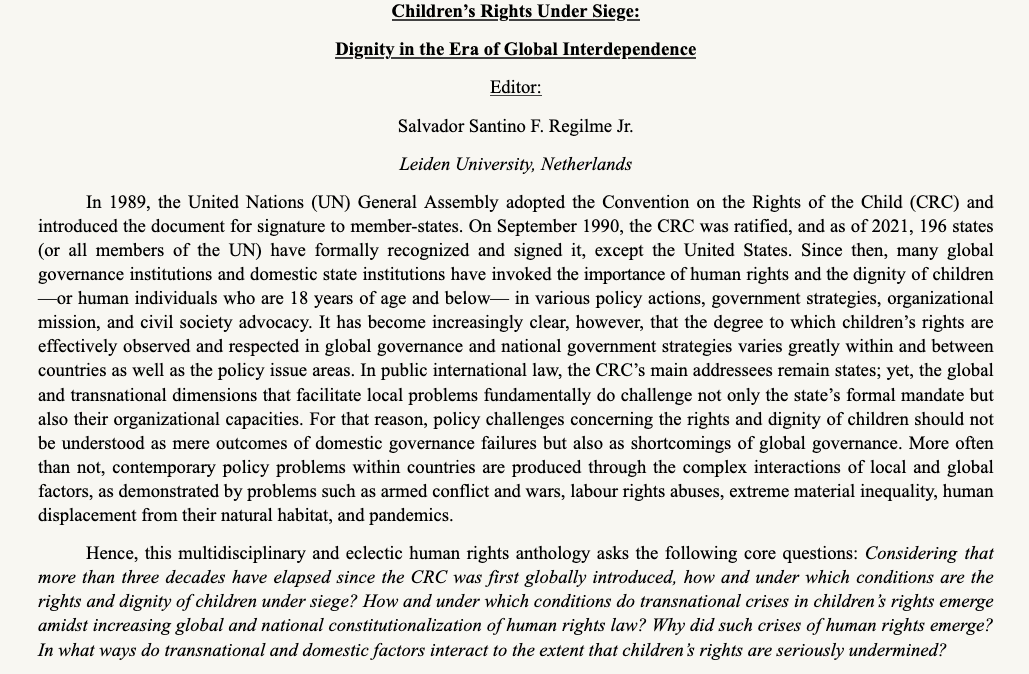 santinoregilme's tweet photo. I'm editing a multidisciplinary volume on children's rights and global governance. Chapter proposals are due on December 15, 2021. #HumanRights
https://t.co/UI90aCQbs7 https://t.co/3AqKoVd3WK